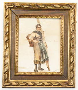 Walter Satterlee (1844 -1908) Paint Enhanced Print: Walter Satterlee (1844 -1908) Paint Enhanced Print. Antique print with paint added of a peasant woman. Signed. Professionally framed. Measures 21x 18 inches. From a historic Bedford, NY estate.