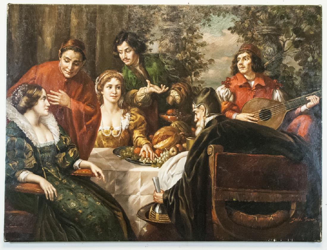 Oil on Canvas, Renaissance People at Table, Signed (1 of 6)