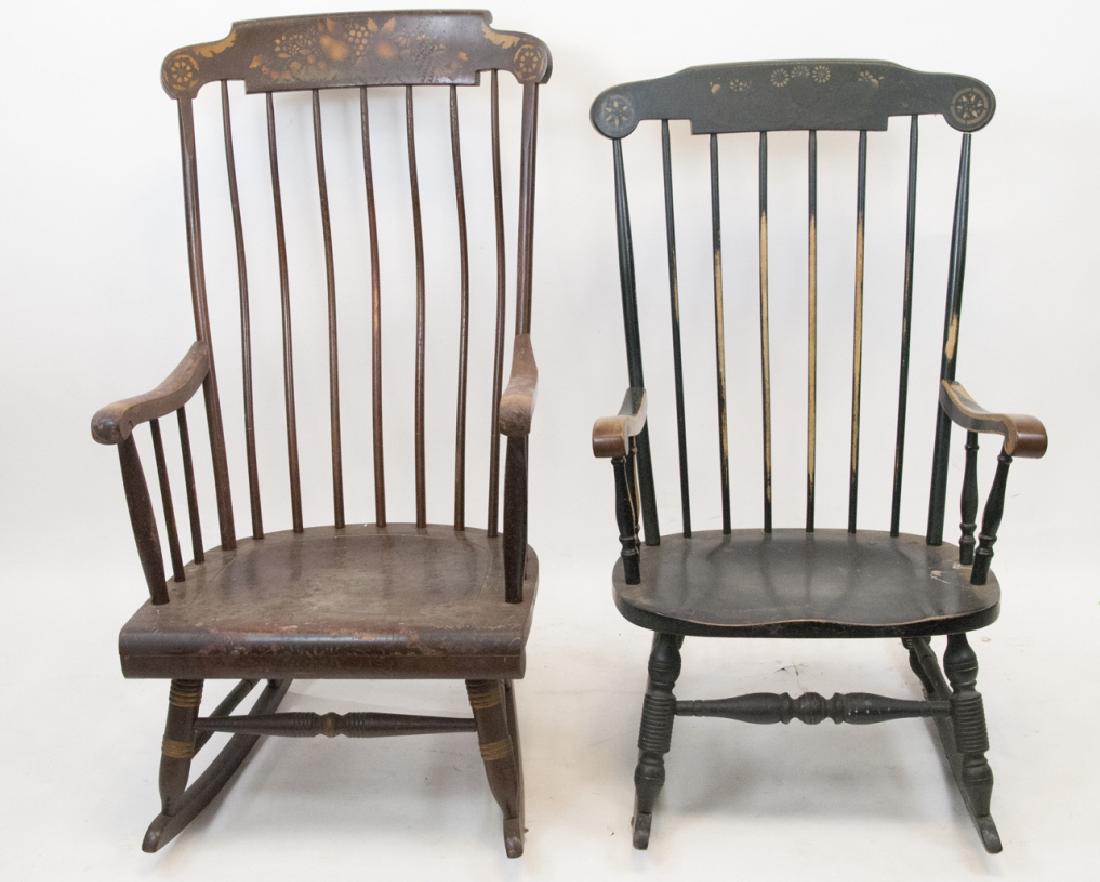 Two 19th Century Chairs Hitchcock Style Rockers: Two 19th Century Chairs Hitchcock Style RockersTwo 19th Century Chairs Hitchcock Style Rockers, 2 Hitchcock style, one stenciled with fruit, one bent wood with caning. 45 inches x 21 inches x 17 inche