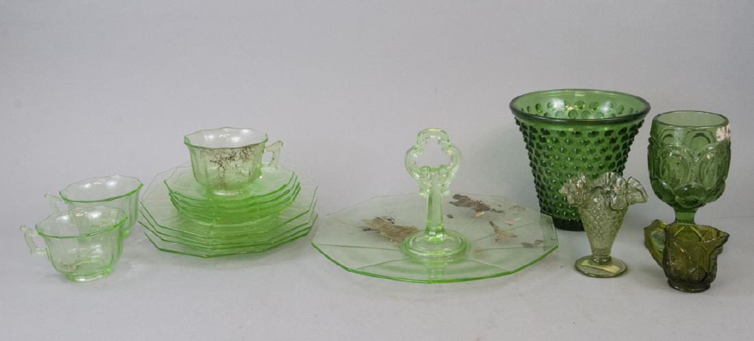 Vintage & Antique Opalescent Green Glass Items: Vintage & Antique Opalescent Green Glass Items, this lot features a variety of hobnail vases, and a variety of opalescent green glass lunch plates, saucers, and tea cups, the largest being measured at