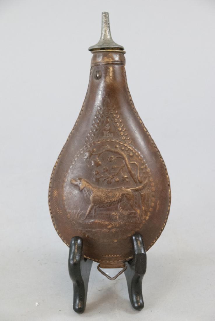 Antique 19th Century Leather Hunting Powder Flask (1 of 4)