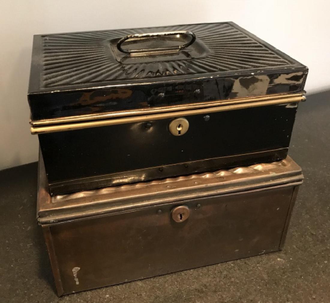 Two Antique Tin Metal Lock Boxes / Cash Boxes (1 of 3)