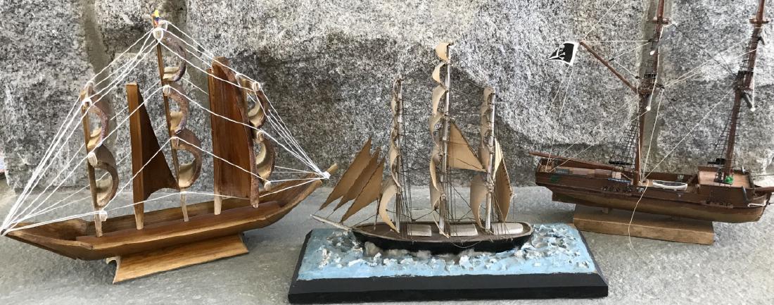 Group of Three Vintage Hand Built Ship Models: Group of Three Vintage Hand Built Ship Models. One at center of photo measures 10.5 x 4.5 inches at base. From a New Canaan, Connecticut designer decorated estate.