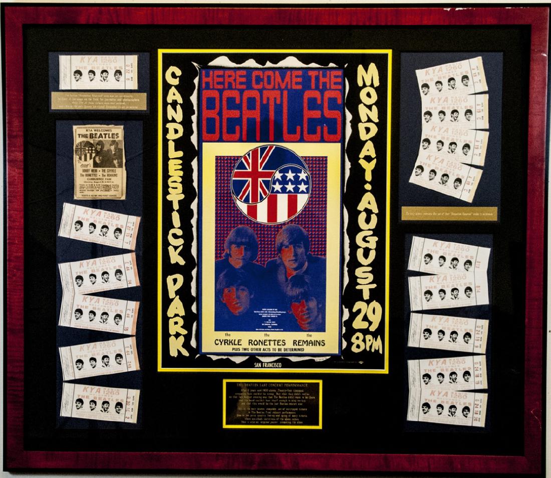 Beatles Framed Original Poster & Original Tickets: Beatles Framed Original Poster & Original Tickets. Original poster promoting August 29th 1966 Candlestick Park Concert along with unripped tickets from the concert in consecutive order. Professionally
