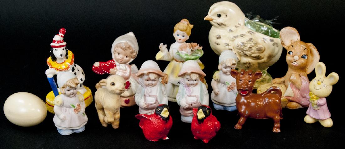 Assorted Lot Of 14 Porcelain Figurines/Miniatures: Assorted Lot Of 14 Porcelain Figurines/Miniatures, this lot features various matted salt and pepper shaker figurines, miniatures of a hen and egg, rabbit, lamb, cardinal, used as holiday decorations,