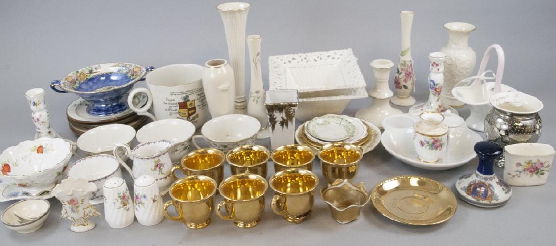 Box Lot Vintage England & USA Porcelain Pieces: Box Lot Vintage England & USA Porcelain Pieces. Wide variety of makers, styles and patterns including Lenox and Staffordshire. Pieces range in size up to about 8 inches in diameter.