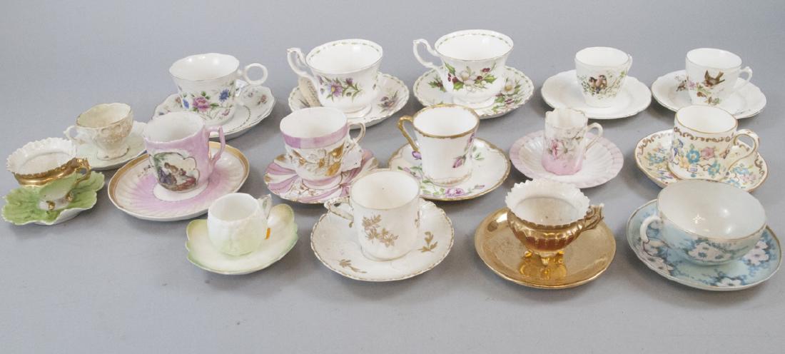 Lot of Tea Cup & Saucer Sets Haviland & More: Lot of Tea Cup & Saucer Sets Haviland and More. This lot includes matching cup and saucers from several makers in several styles and patterns. Includes Haviland, Staffordshire, Royal Albert, and more.