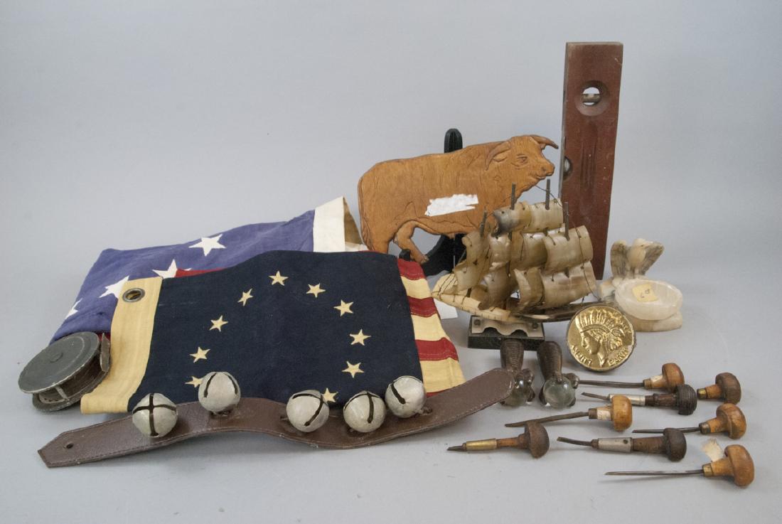 Lot of Vintage Americana, Flags, Carvings, Tools (1 of 6)