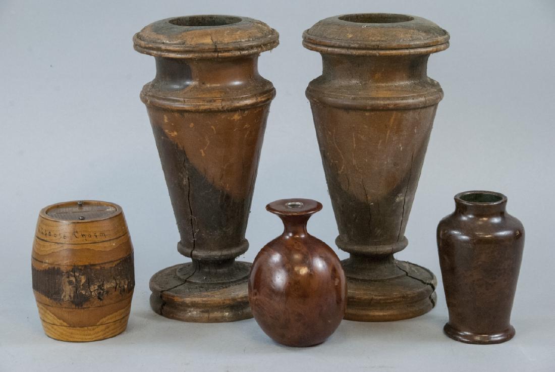 Lot Of Assorted Antique & Vintage Wooden Vessels: Lot Of Assorted Antique & Vintage Wooden Vessels, this lot features two burl California redwood vases, two larger worn wooden vessels/vase/pestle and one wooden piggy bank from Ausable Chasm, New York