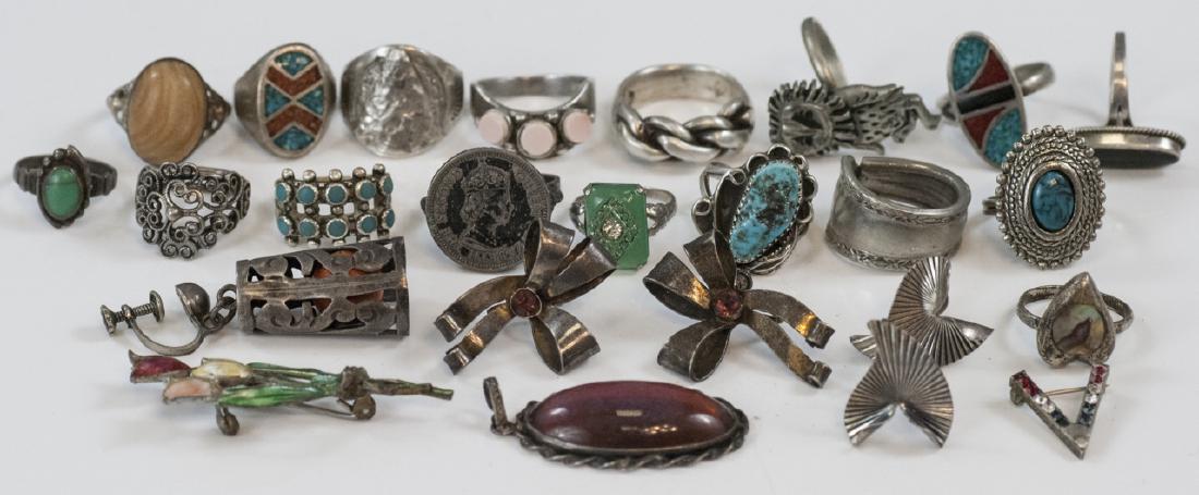 Collection Vintage Sterling & Silver Jewelry Items: Collection Vintage Sterling & Silver / Silver Tone Jewelry Items. Including Native American and Mexican pieces. Some marked sterling, others unmarked and may be plate or just silver in color.