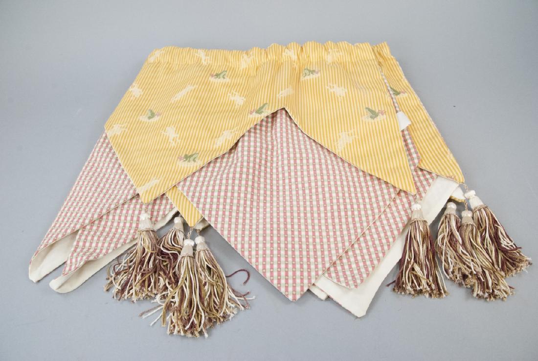 Two Contemporary Window Valances: Two Contemporary Window Valances, these curtains feature a frog pattern and are made of cotton, the valances are measured at 16.5 x 34 inches