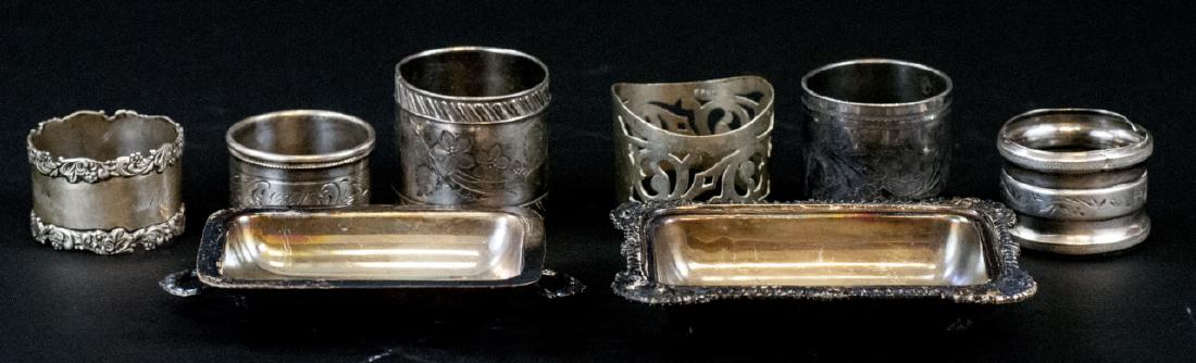 Sterling & Silver Plate Napkin Rings & Butter Dish: Antiqu Sterling & Silver Plate Napkin Rings & Butter Dish. Butter tureen measures 4.5 inches in width.