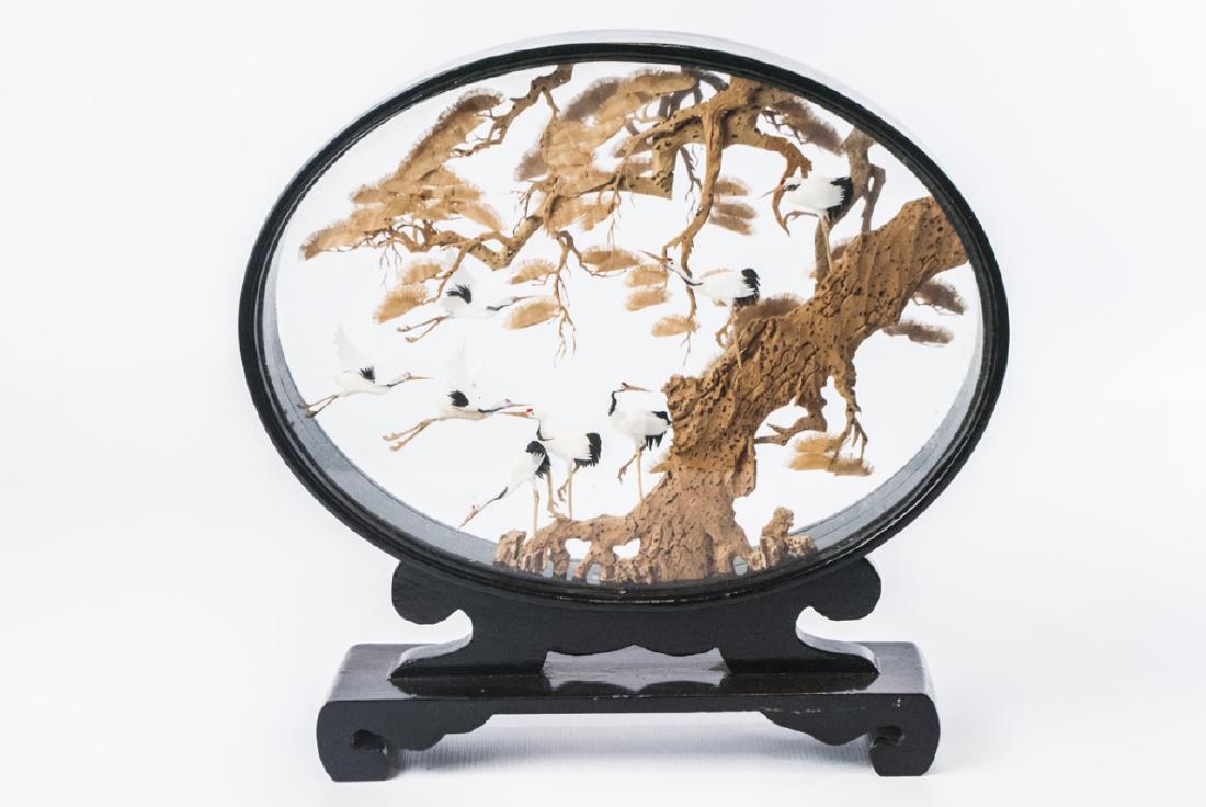 Vintage Asian Carved Cork Diorama w Cranes: Vintage Asian Carved Cork Diorama w Cranes on Tree Scene. Wood frame. Measures 11.5 x 10 inches.