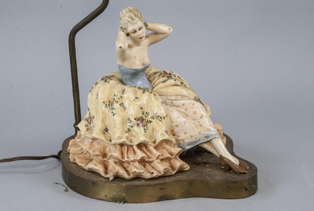 Hand Painted Porcelain Victorian Woman Lamp: Hand Painted Porcelain Victorian Woman Lamp, this vintage or antique lamp features a hand painted Victorian women in a dress sitting, the lamp features bronze accents and is measured at 27 x 12 inches
