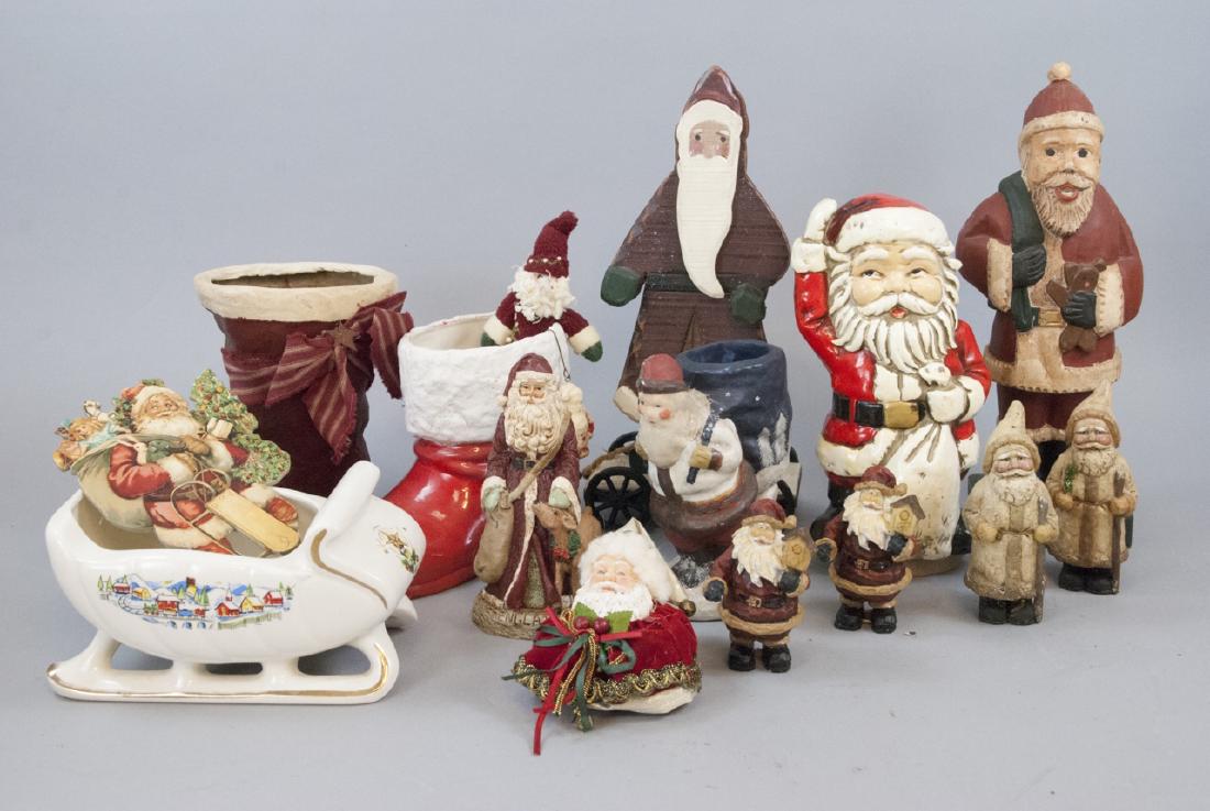 Lot of Vintage Christmas Santa Statues: Lot Vintage Christmas Santas. Large lot of vintage Santas made in different countries and made from different materials. Lot includes also Santa boots, Santa sleigh, and includes musical Santas. Large