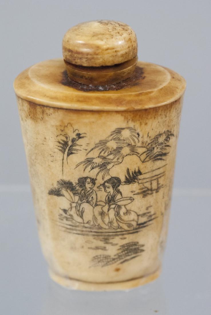 Chinese Carved Ox Bone Tea Caddy / Snuff Bottle: Chinese Carved Ox Bone Tea Caddy / Snuff Bottle. Measures 3.5 inches in height.