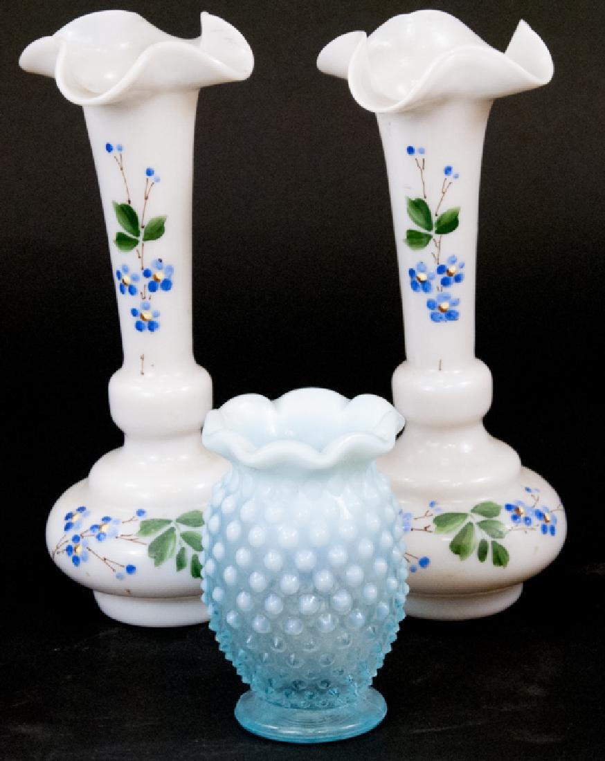Pair Victorian Opaline Glass Vases & Hobnail Vase (1 of 7)