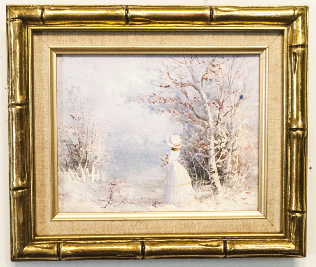 Framed Small Painting of Woman in Winter Scene (1 of 3)