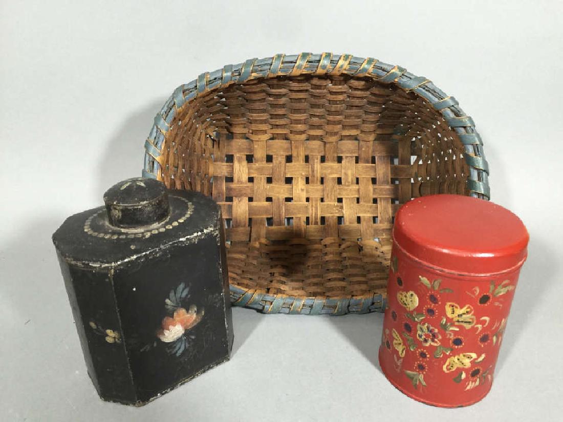 Antique Tole Metal Tea Caddies & Woven Basket (1 of 4)
