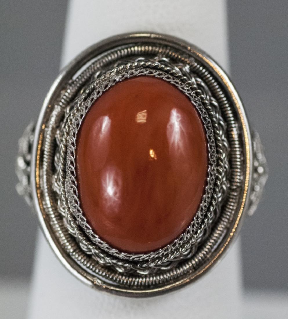 Chinese Silver Ring w Large Cabochon Coral (1 of 4)