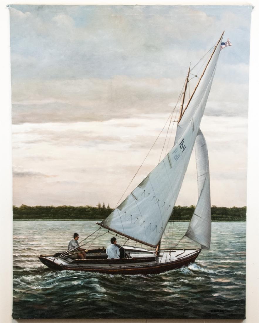 Oil Painting of Sloop & Boys on a Day Sail: Oil Painting of Sloop & Boys on a Day Sail. Oil on canvas features wood sloop out on a day sail with 2 young men. Signed by artist D. Taylor. 48 inches x 36 inches.