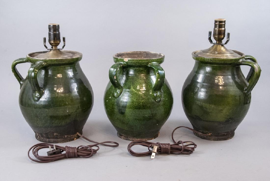 Antique Earthenware Green Glazed French Jugs Lamps (1 of 5)