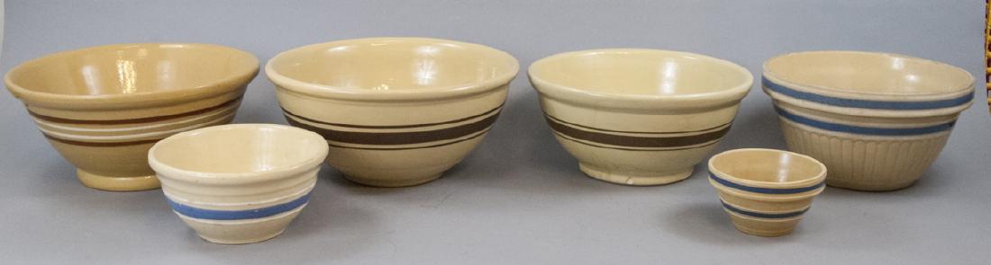 Vintage Yellow Ware Mixing Bowls Pink Blue Striped (1 of 4)