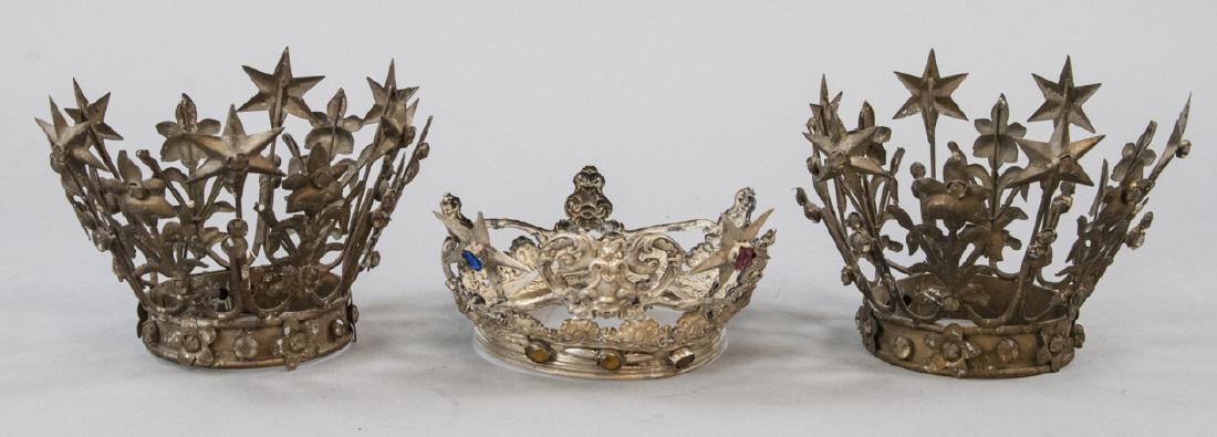 3 Ant. 19th C. French Ormolu Tin & Paste Crowns: 3 Ant. 19th C. French Ormolu Tin & Paste Crowns. These antique 19th century ornately cut and stamped tin crowns have paste stones decorating them and are full size. 4 inches x 6 inches.