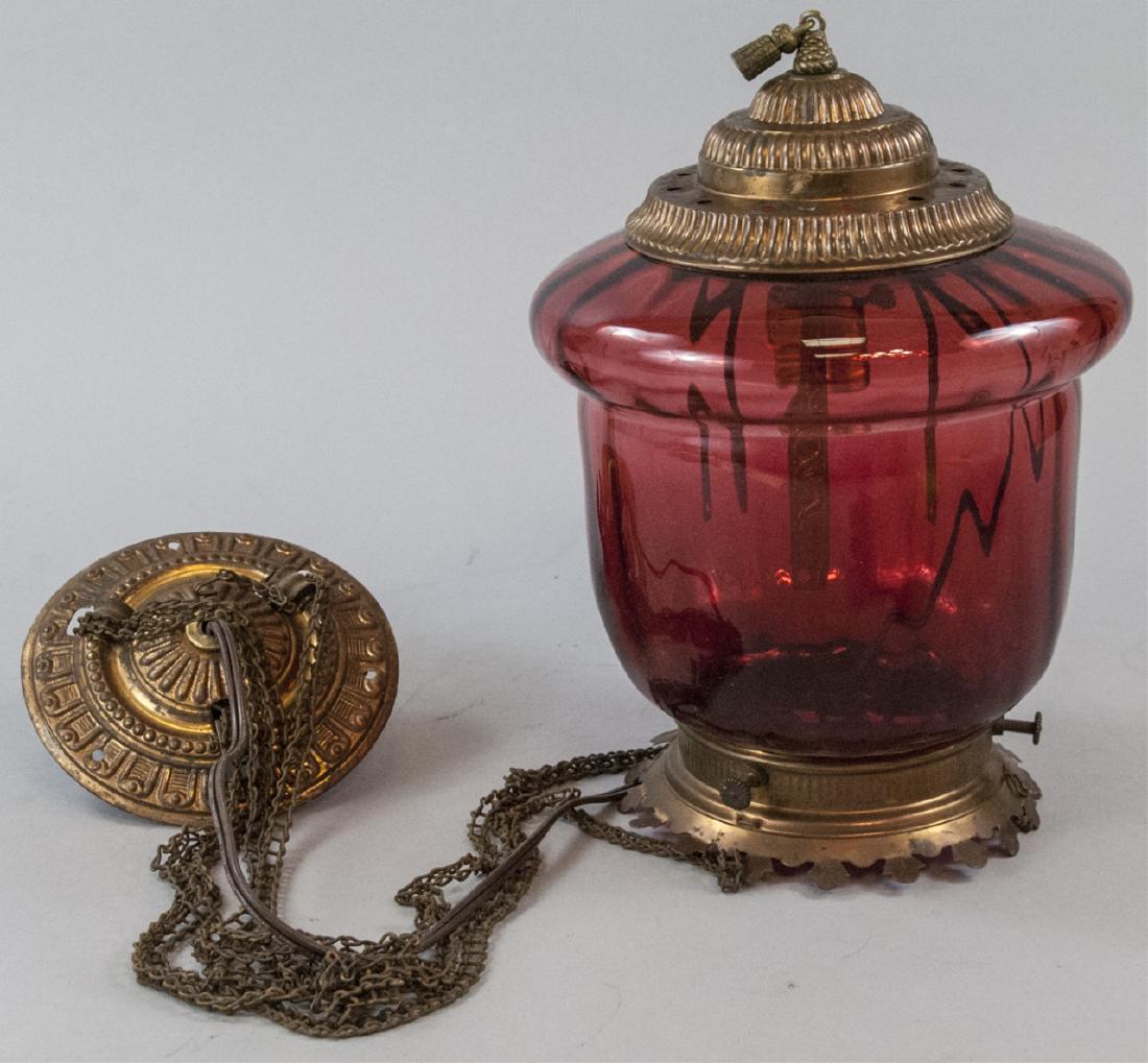 Ant. Copper & Cranberry Blown Glass Pendant Light (1 of 7)