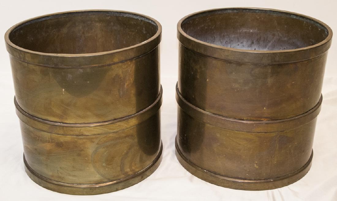 Pair Mid Century Cylindrical Banded Brass Planters (1 of 4)