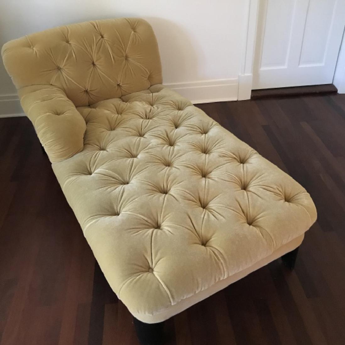 Custom Upholstered Chesterfield Style Chaise: Custom Upholstered Chesterfield Style Chaise Lounge in Gold Tone Velvet. Purchased from George Constant, custom upholstered by Baron NYC. Measures 30 x 76 x 36 inches. From a designer decorated Greenw