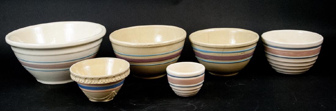 Vintage Yellow Ware Mixing Bowls Pink Blue Striped (1 of 7)