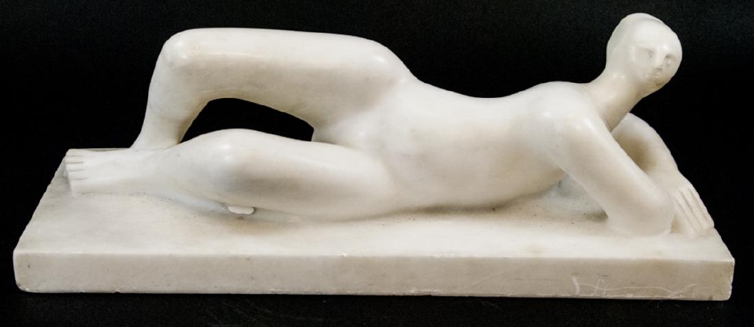 Modern Marble Sculpture of a Reclining Nude: Modern Marble Sculpture of Nude. Carved marble. This unsigned modern sculpture from one piece of marble features a nude subject. 6.5 inches x 19 inches x 8.5 inches.