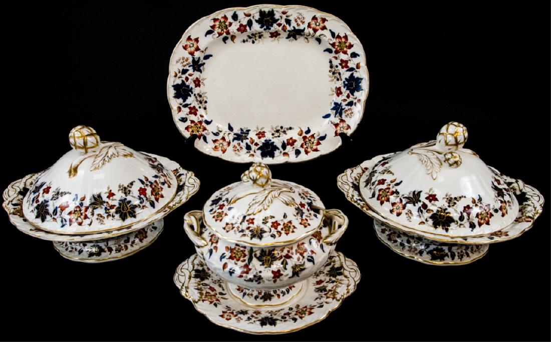 Antique 19th Century English Minton Serviceware: Antique 19th Century English Minton Serviceware. This antique Minton serviceware was made for Mortlocks, Oxford on October 23rd, 1847. Included are two covered footed serving bowls, one platter, and o