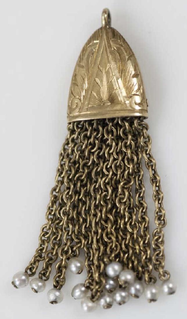 Antique 14kt Gold & Seed Pearl Tassel Pendant: Antique 14kt Gold & Seed Pearl Tassel Pendant. Chased 14kt yellow gold and seed pearl tassel necklace pendant. Measures 1.5 inches in length.