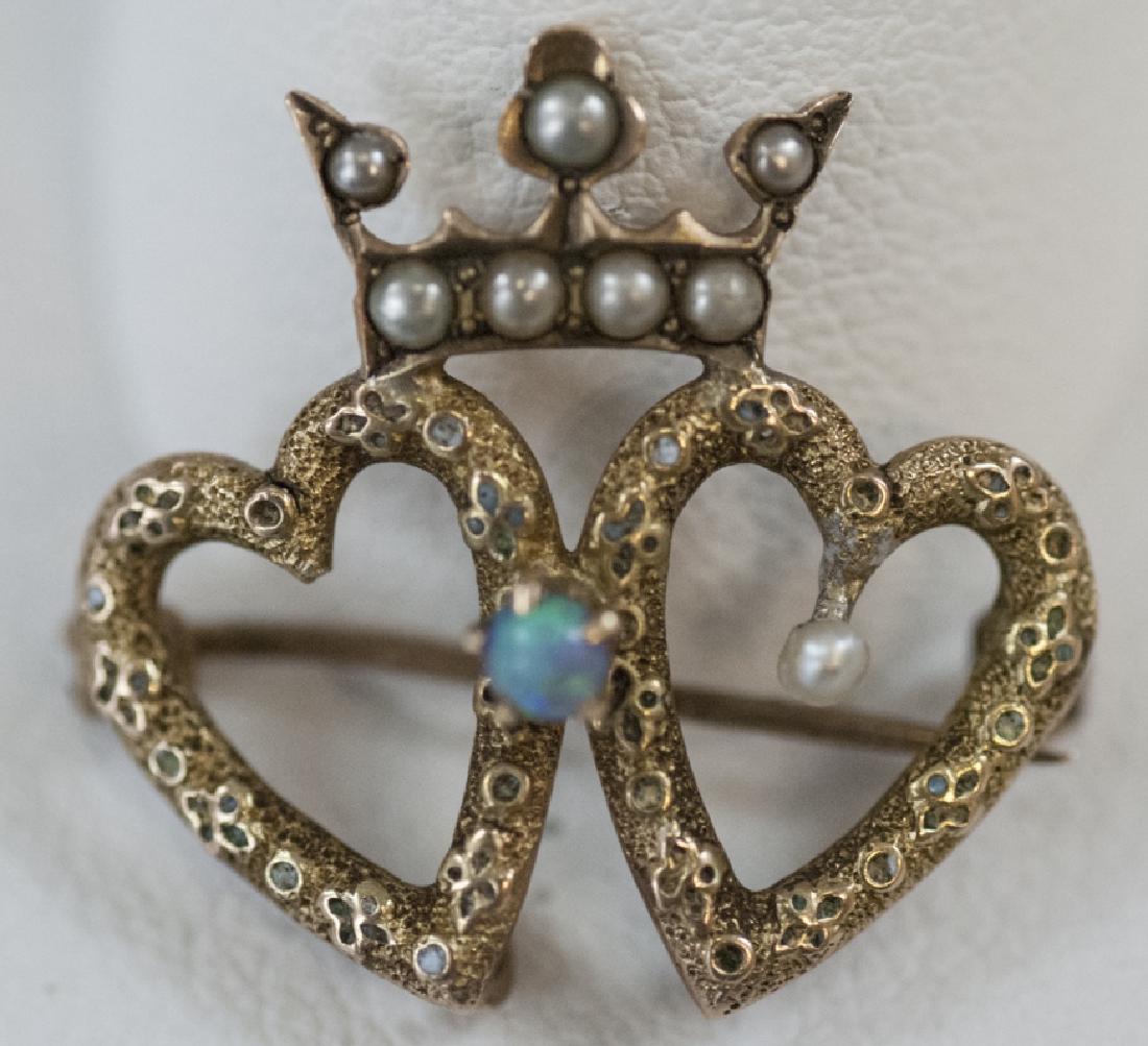 Antique 19th C Double Heart w Crown Gold Brooch (1 of 4)