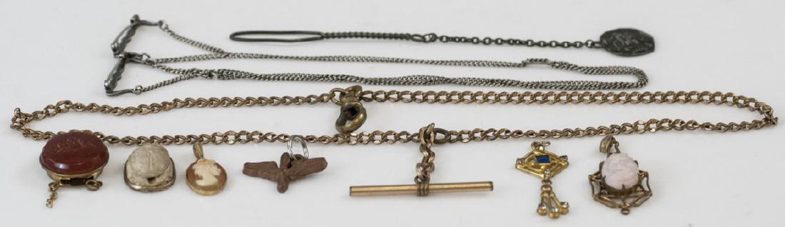 Antique & Vintage Jewelry Bits / Pendants / Charms: Antique & Vintage Jewelry Bits / Pendants / Charms. Egyptian scarab, intaglio, cameo, art deco pendant. Sterling silver guard chain measures 12 inches in length.