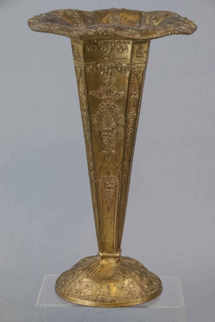 Antique Gilt Metal Ormolu Trumpet Form Vase: Antique Gilt Metal Ormolu Trumpet Form Vase w Ornate Repousse Relief Decoration. Measures 13 x 8 inches.