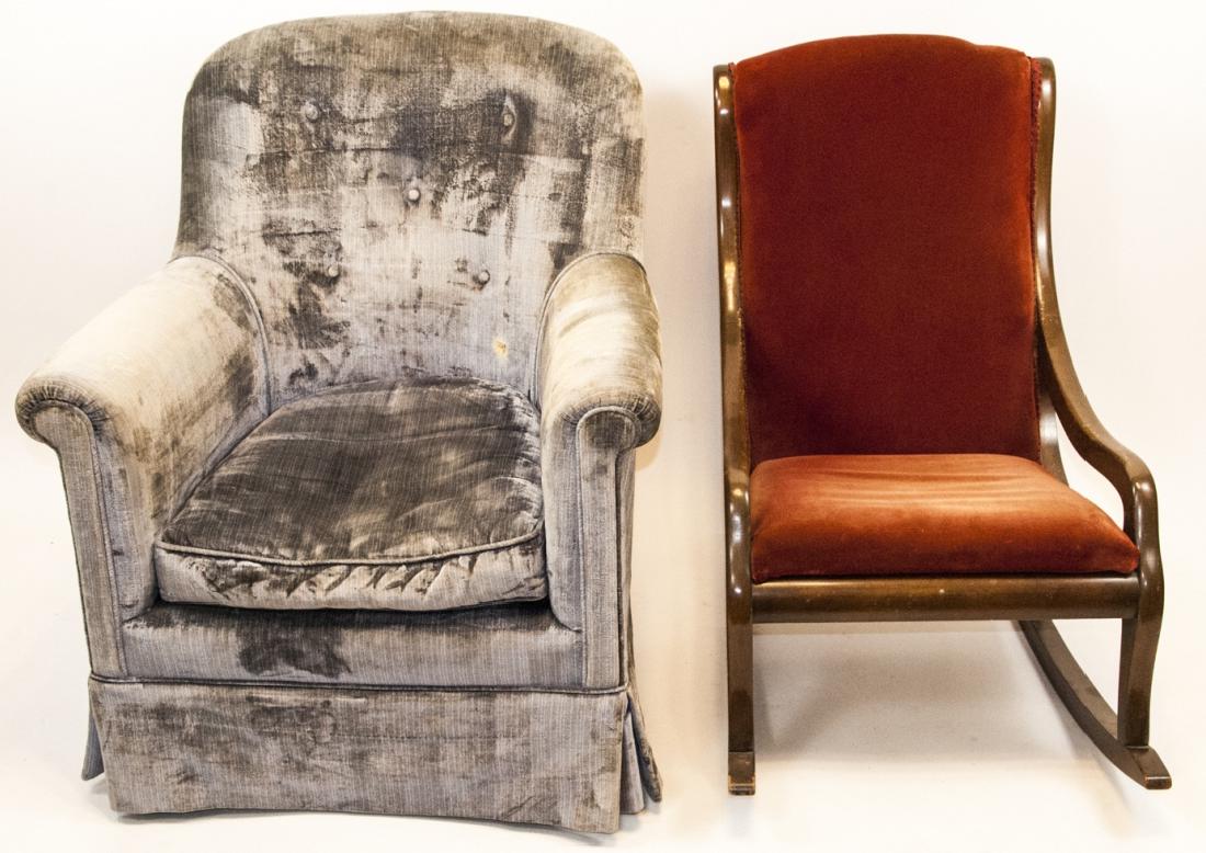 Mid Century Velvet Armchair & Rocking Chair: Vintage Mid Century Velvet Armchair & Antique Rocking Chair. They measure 33 x 28 x 24 and 31 x 20 x 31 inches.