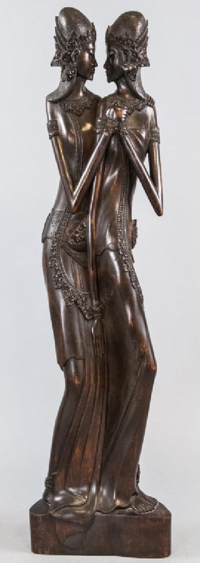Mid Century Balinese Wooden Sculpture of Two Girls (1 of 6)