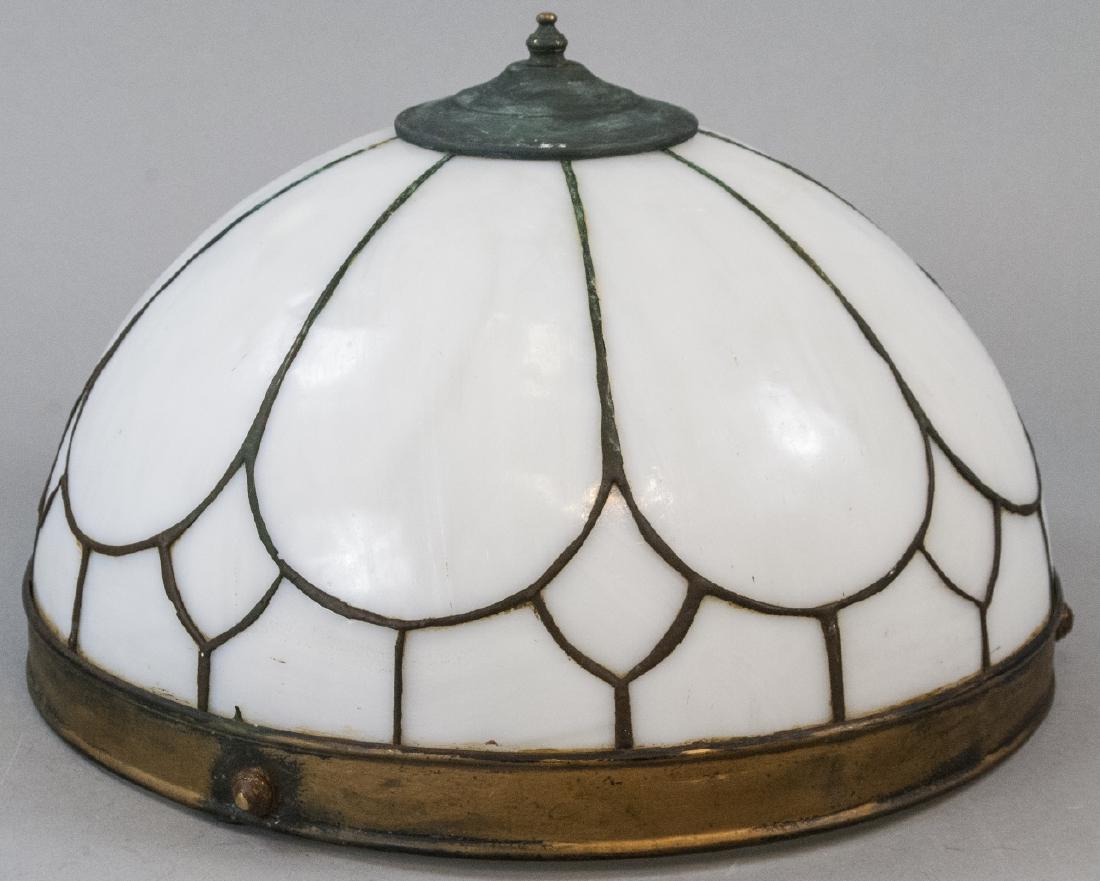 Arts + Crafts Lead Light Suspended Chandelier: Arts + Crafts Lead Light Suspended Chandelier. White Glass and Lead stained glass design on domed period suspended chandelier. Modern wiring for lighting. 10 inches x 14 in diameter.