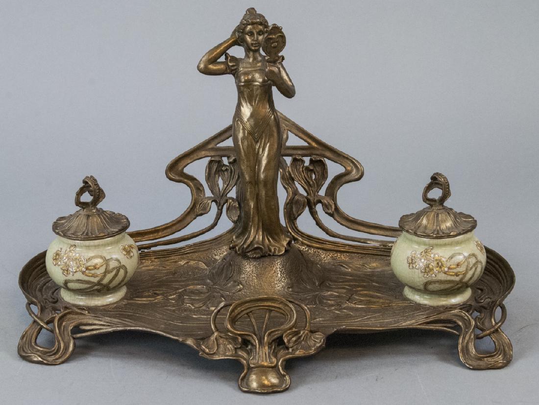 Brass / Porcelain  Figural  Art Nouveau Inkwell (1 of 5)