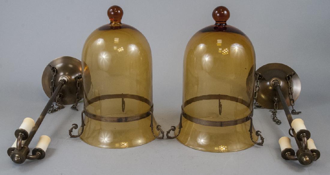 Pr. Amber Glass Brass Tone Bell Jar Pendant Lights (1 of 5)