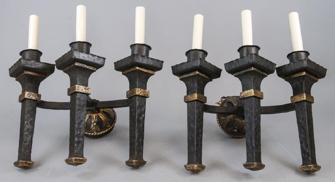 Pair Gothic Style Wrought Iron 3 Torch Sconces (1 of 5)