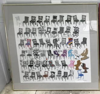 Pedro Friedeberg - Framed Print of Chairs: Pedro Friedeberg - Framed Print of Chairs. Signed. Measures 28 x 28 inches.