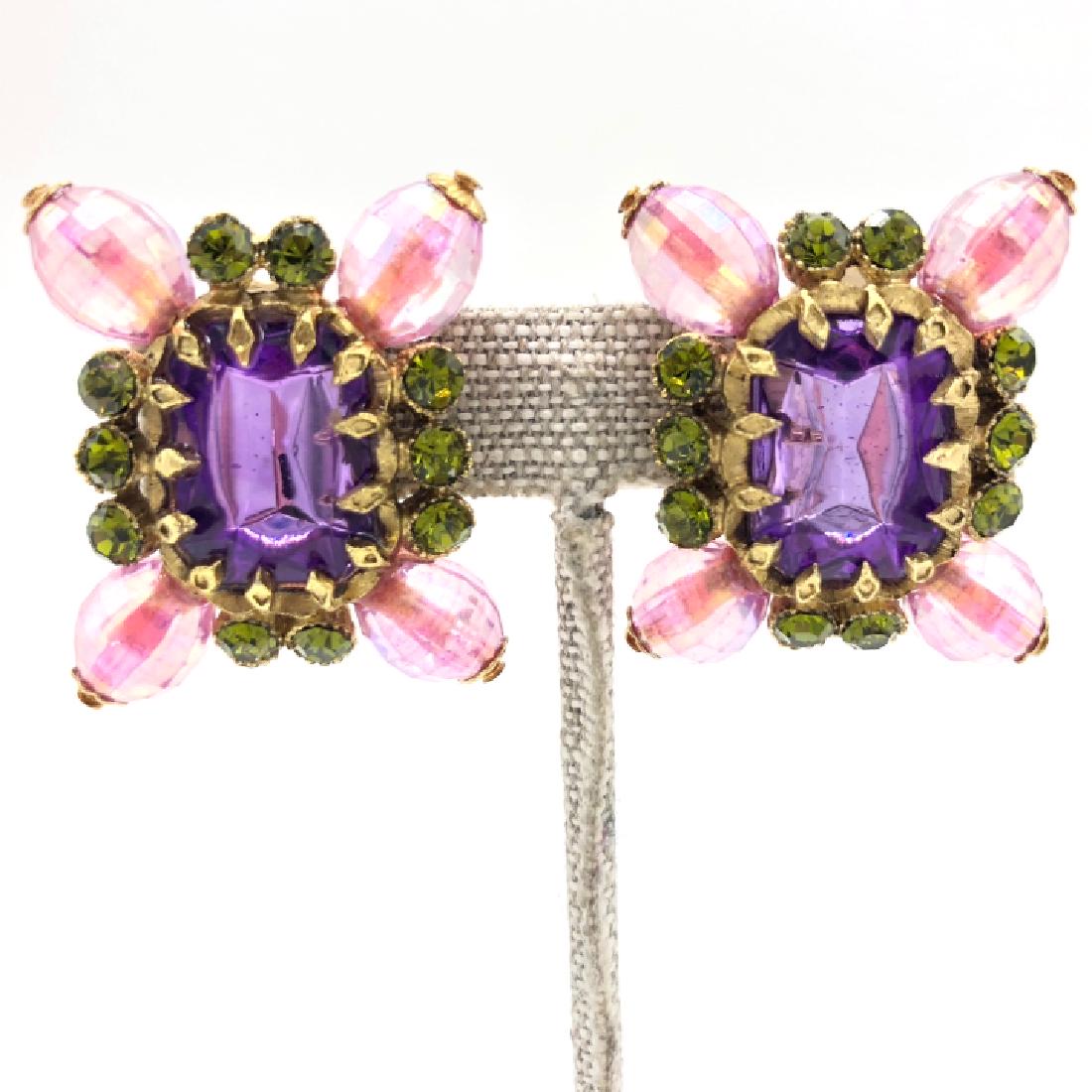 Jay Strongwater Attributed Costume Clip Earrings: Jay Strongwater Attributed / Style of Costume Colorful Clip Earrings – Large and rectangular with colored stones. Vintage and unsigned from the 1980s. These are production samples and come with the 