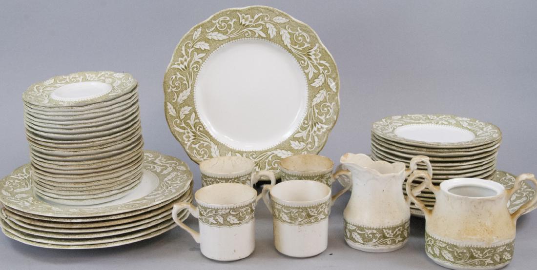 Staffordshire Sterling Renaissance Dinner Service: Staffordshire Sterling Renaissance Dinner Service. This vintage transfer wear set has 15 dinner plates, 15 salad or dessert plates, 21 saucers, 11 mugs, 1 platter, 1 sugar, 1 creamer. Dinner plates me