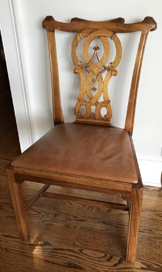 Antique English Chippendale Style Carved Chair: Antique English Chippendale Style Carved Chair. Carved frame side chair with distressed leather upholstered seat. Measures 39 x 22 x 18 inches. From a Turkey Hill Westport, Connecticut estate.