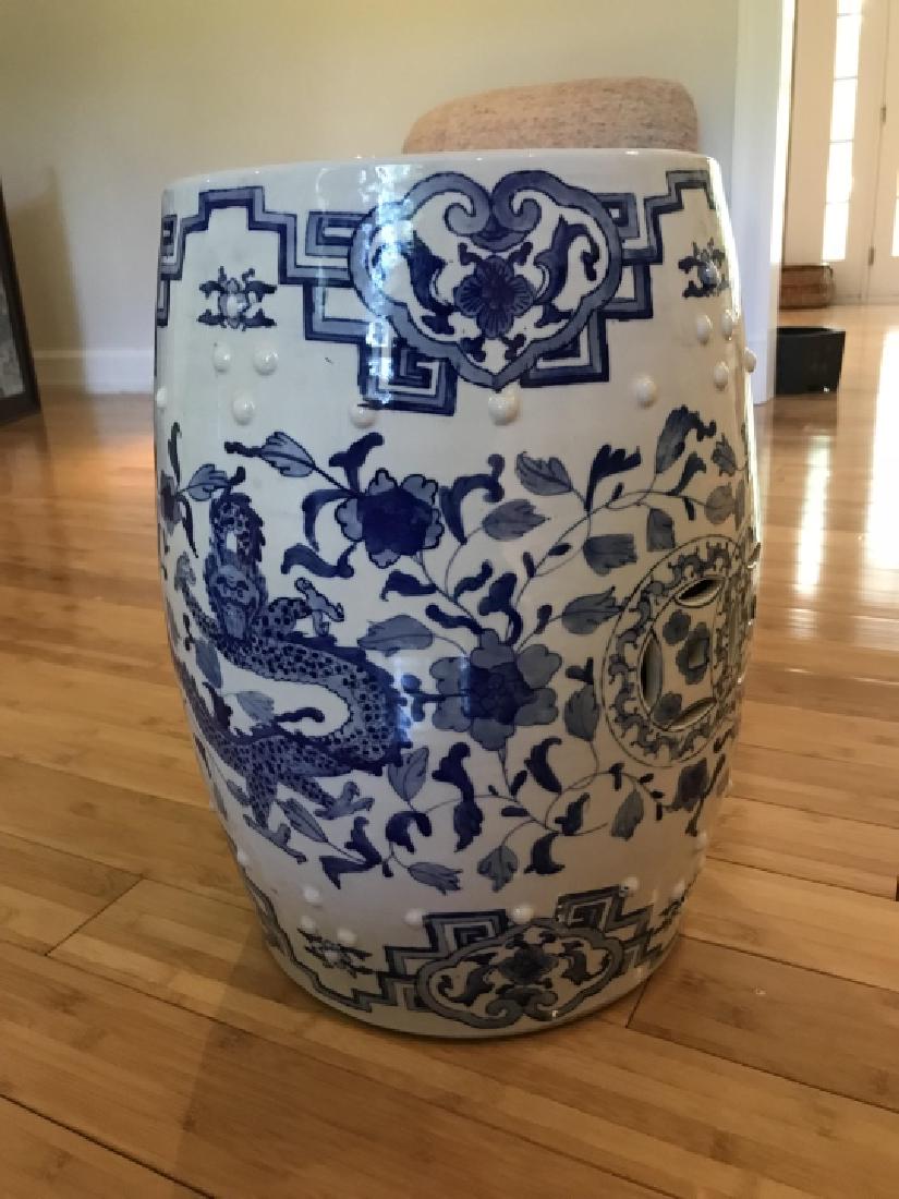 Chinese Blue & White Porcelain Garden Stool: Chinese Blue & White Porcelain Garden Stool. Measures 18 x 13 inches. From a South Salem, New York Estate Property.