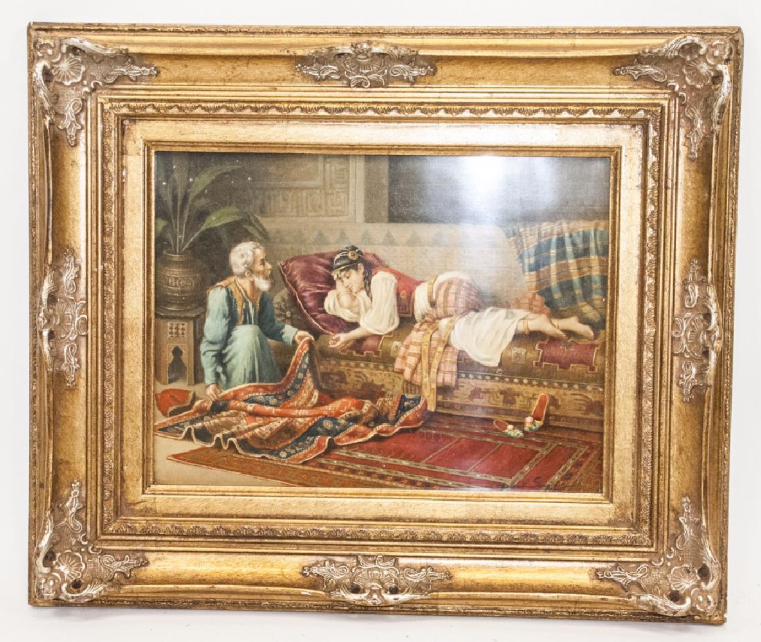 Neoclassical Reclining Odalisque Porcelain Plaque: Neoclassical Reclining Odalisque Porcelain Plaque. This porcelain plaque circa 1950 depicts a middle eastern odalisque reclining with servant. signed by artist in lower right hand corner. Features a g